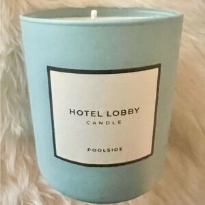 Hotel Lobby Poolside Candle - Calming Blue Glass Holder with Brown Ribbon